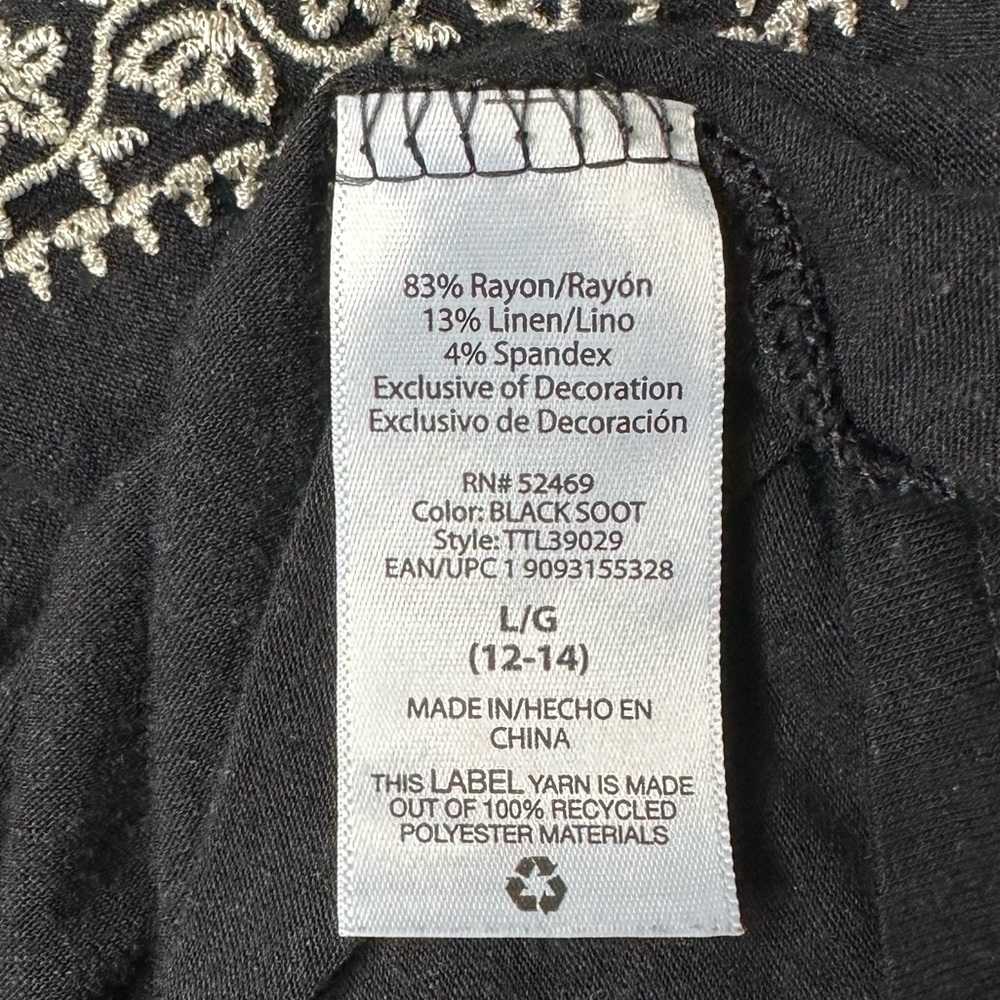 Time and Tru Embroidered Boho Black White Tie Front Top Size L - Picture 12 of 13